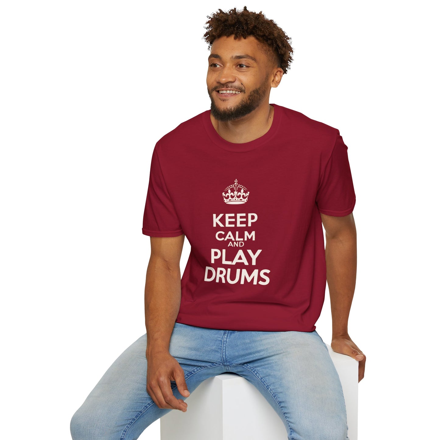 "Keep calm and play drums" text graphic tee.