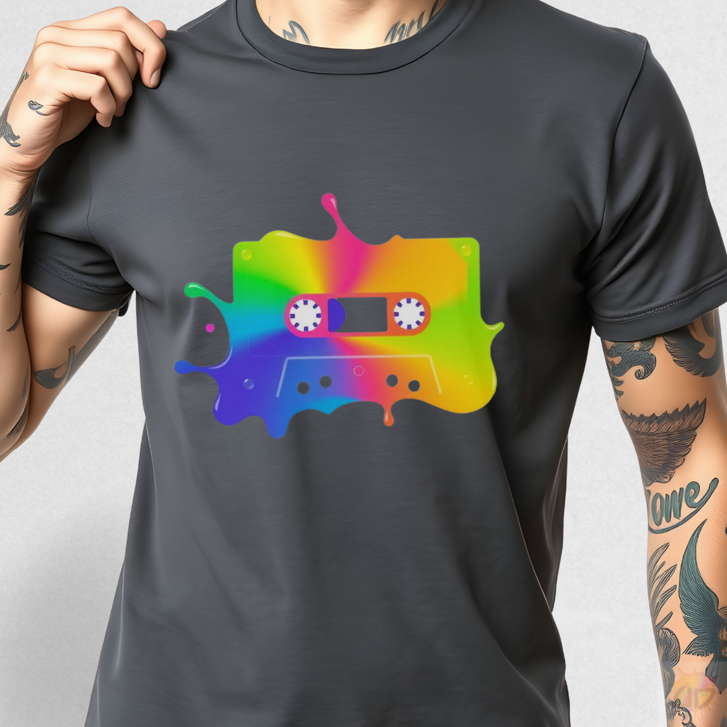 Colorful Cassette Tape in a Splash Graphic Tee.