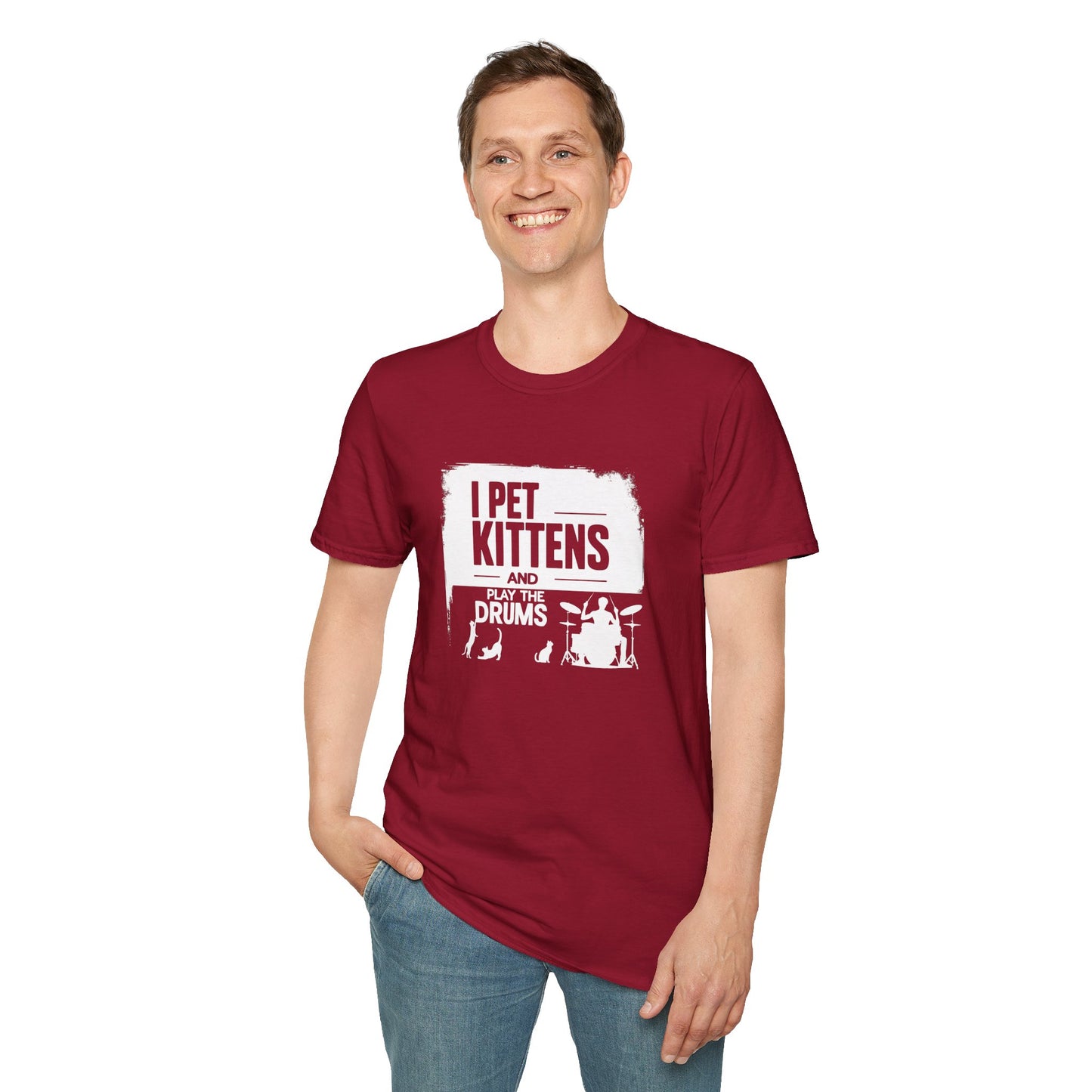 "I pet kittens and play the drums" in highlight graphic tee.
