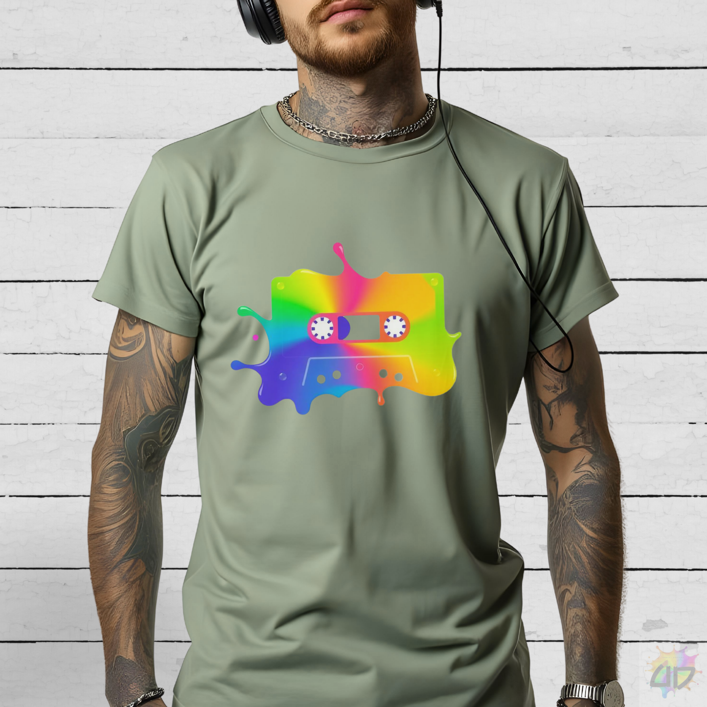 Colorful Cassette Tape in a Splash Graphic Tee.