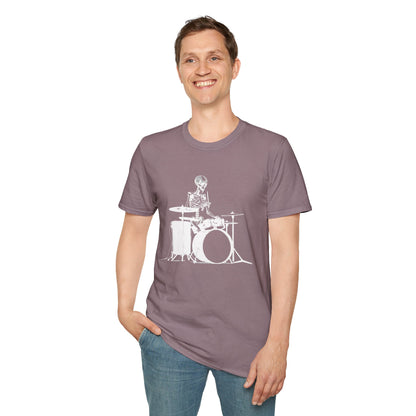 Skeleton silhouette playing drums in a circular background graphic.