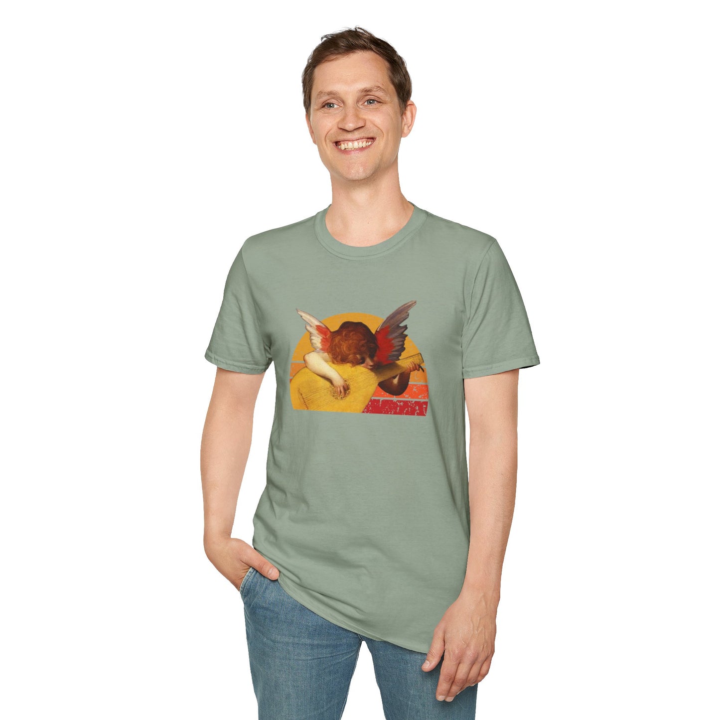 Cherub playing guitar in circular retro sunset.