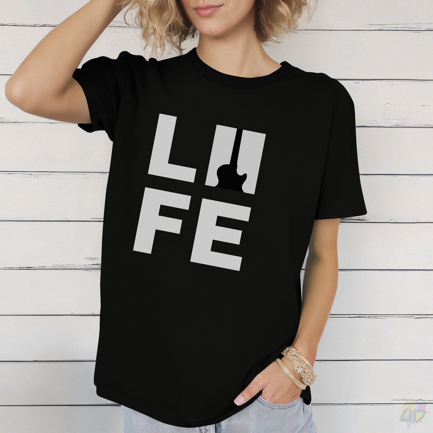 "LIFE" in a Black and White Graphic Tee.