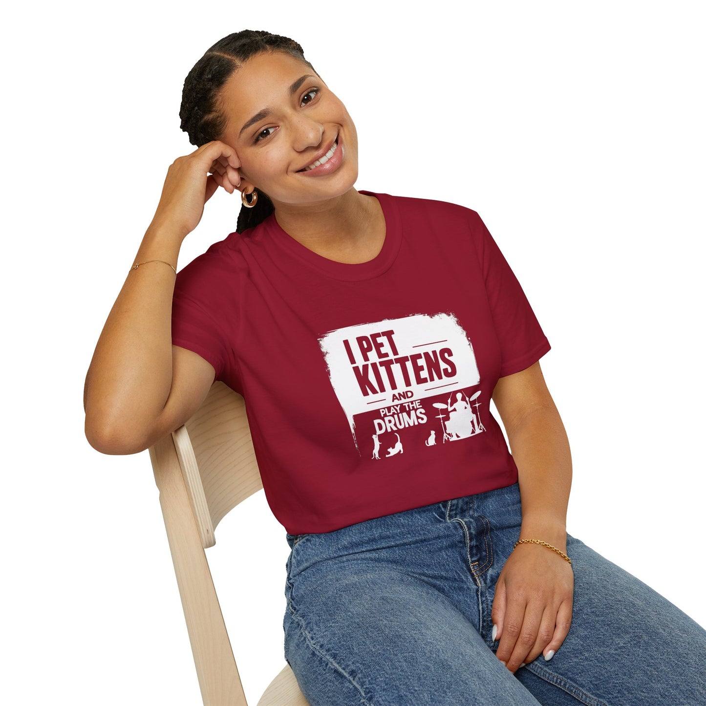 "I pet kittens and play the drums" in highlight graphic tee.