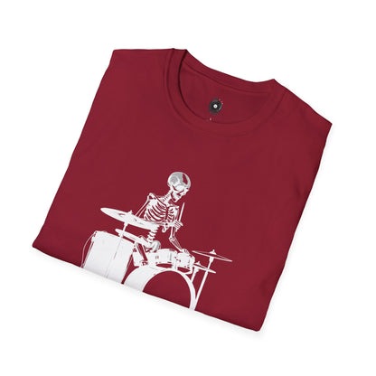 Skeleton silhouette playing drums in a circular background graphic.