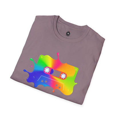 Colorful cassette tape in a splash of paint