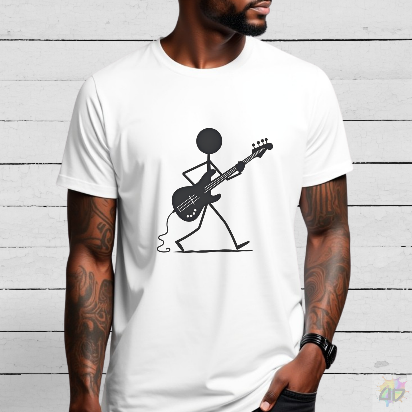 Stick Figure Walking and Playing Bass Graphic Tee.