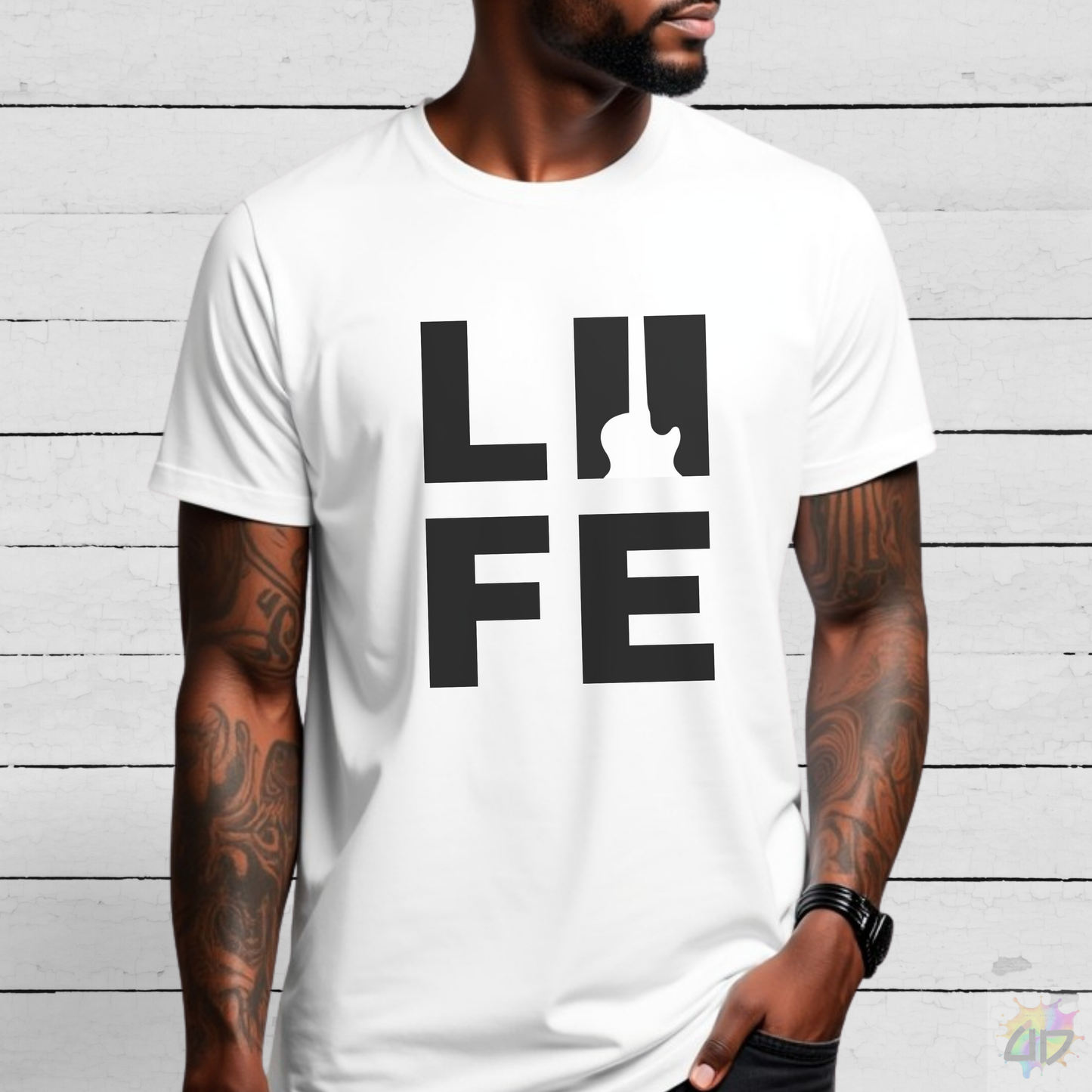 "LIFE" in a Black and White Graphic Tee.