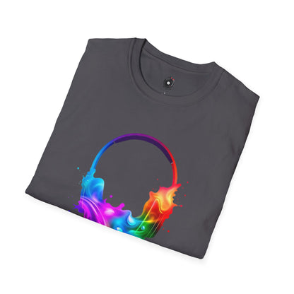 Colorful headphones in a multi-colored splash graphic.