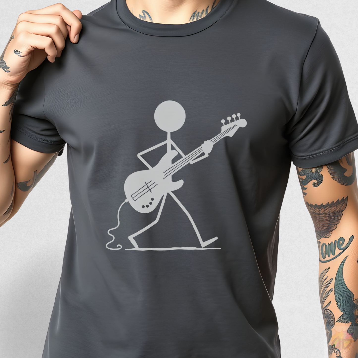 Stick Figure Walking and Playing Bass Graphic Tee.