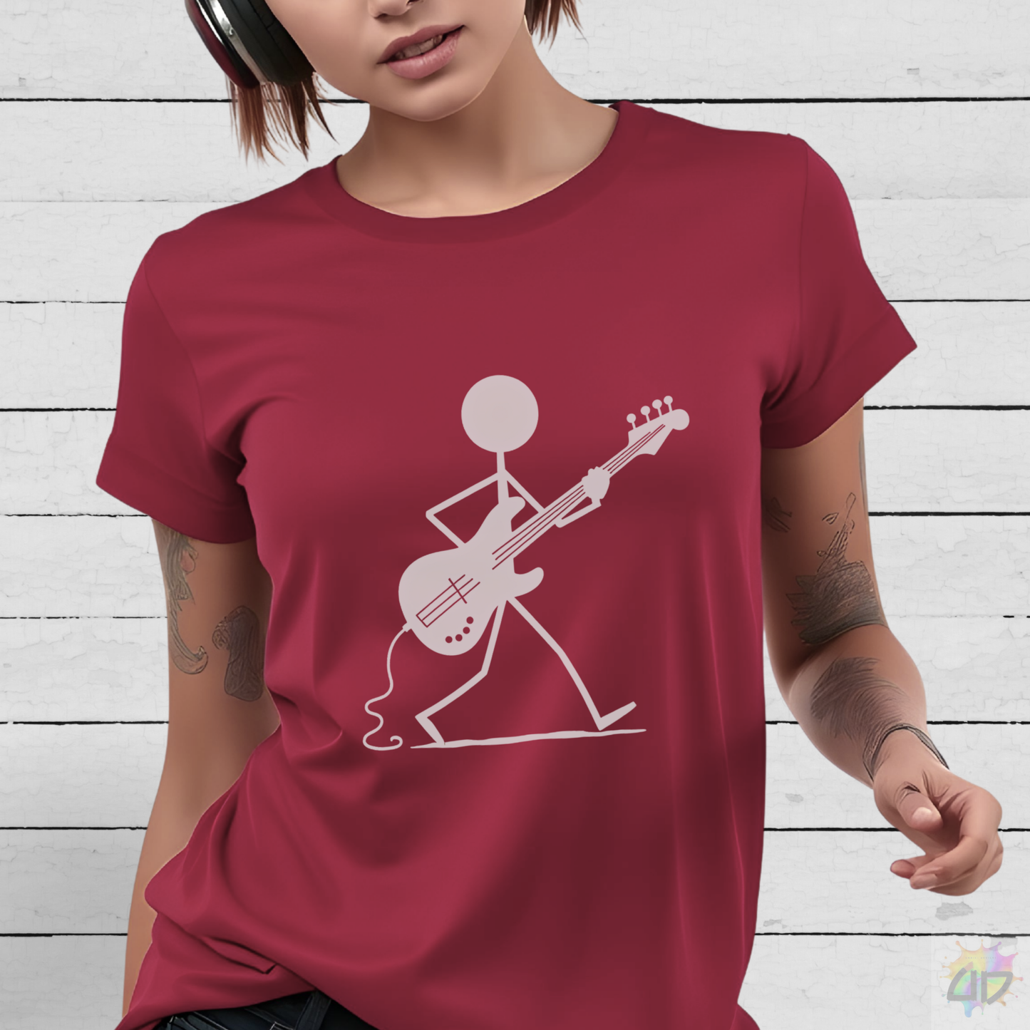 Stick Figure Walking and Playing Bass Graphic Tee.