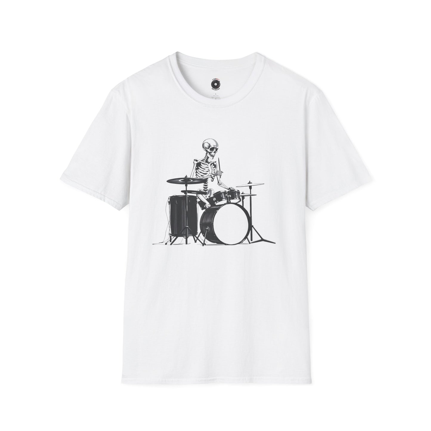 Skeleton silhouette playing drums in a circular background graphic.