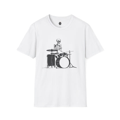 Skeleton silhouette playing drums in a circular background graphic.