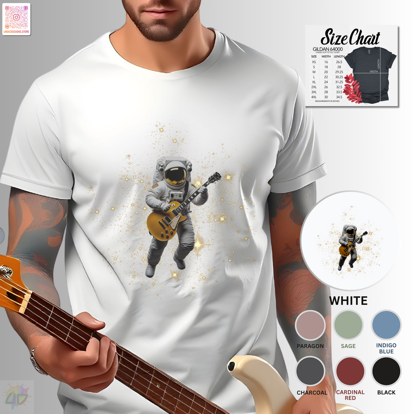 Astronaut in space playing guitar graphic tee.
