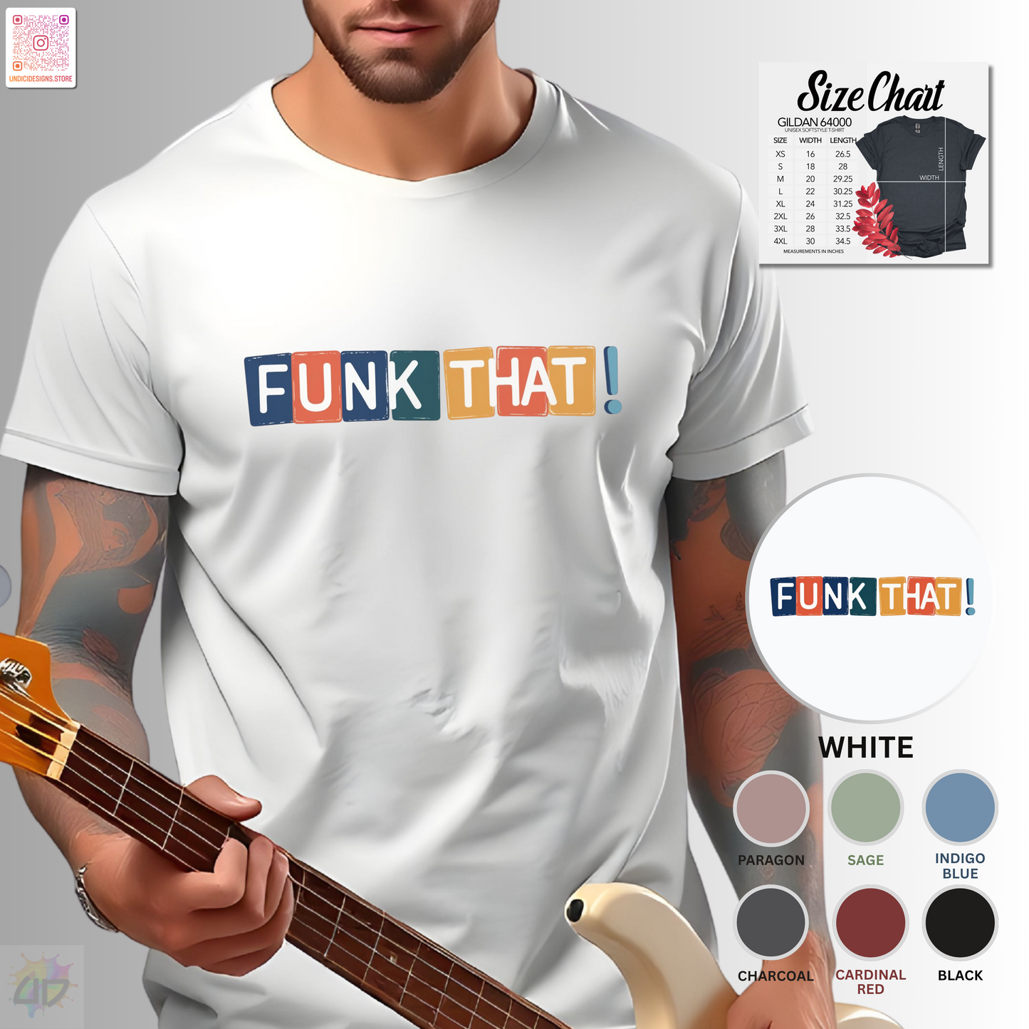 "Funk that!" in one line with colorful highlights graphic text tee.