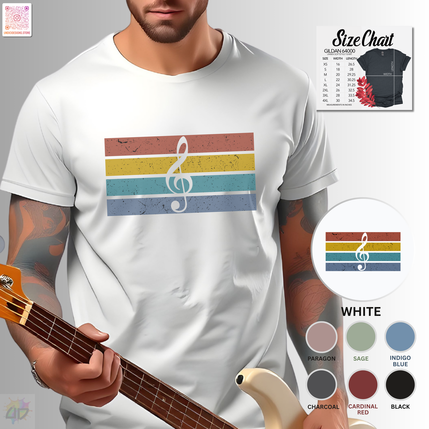 Treble clef on retro sunset graphic tee.