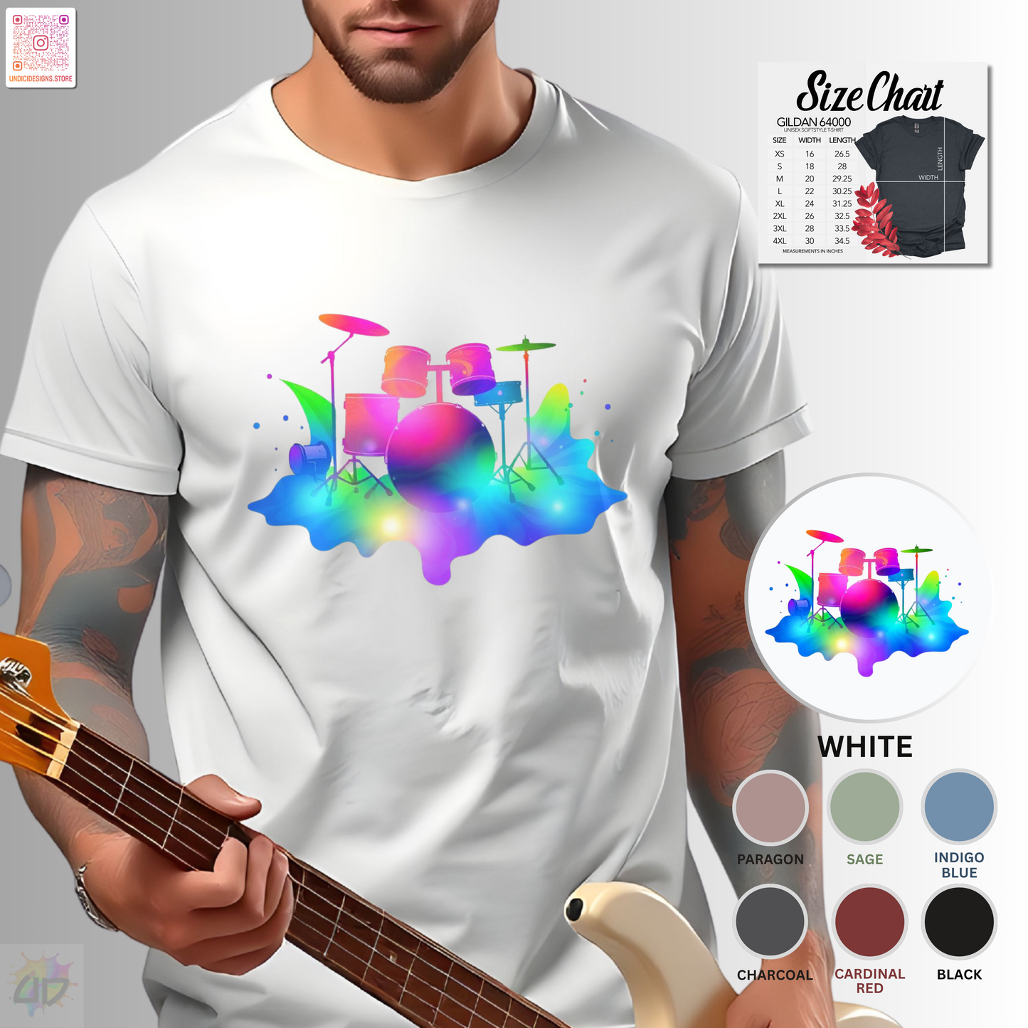Colorful drum set in a vibrant splash graphic tee.
