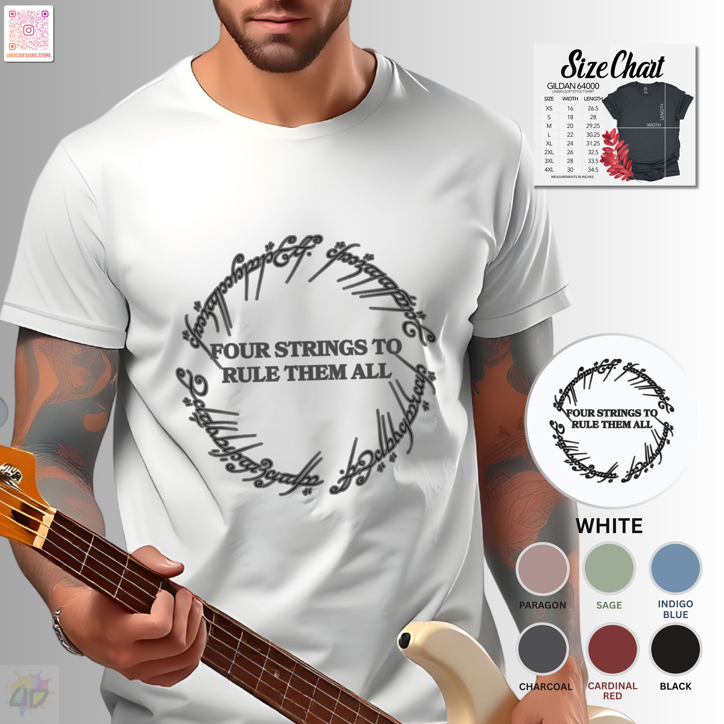 "Four strings to rule them all" in a circular graphic tee.