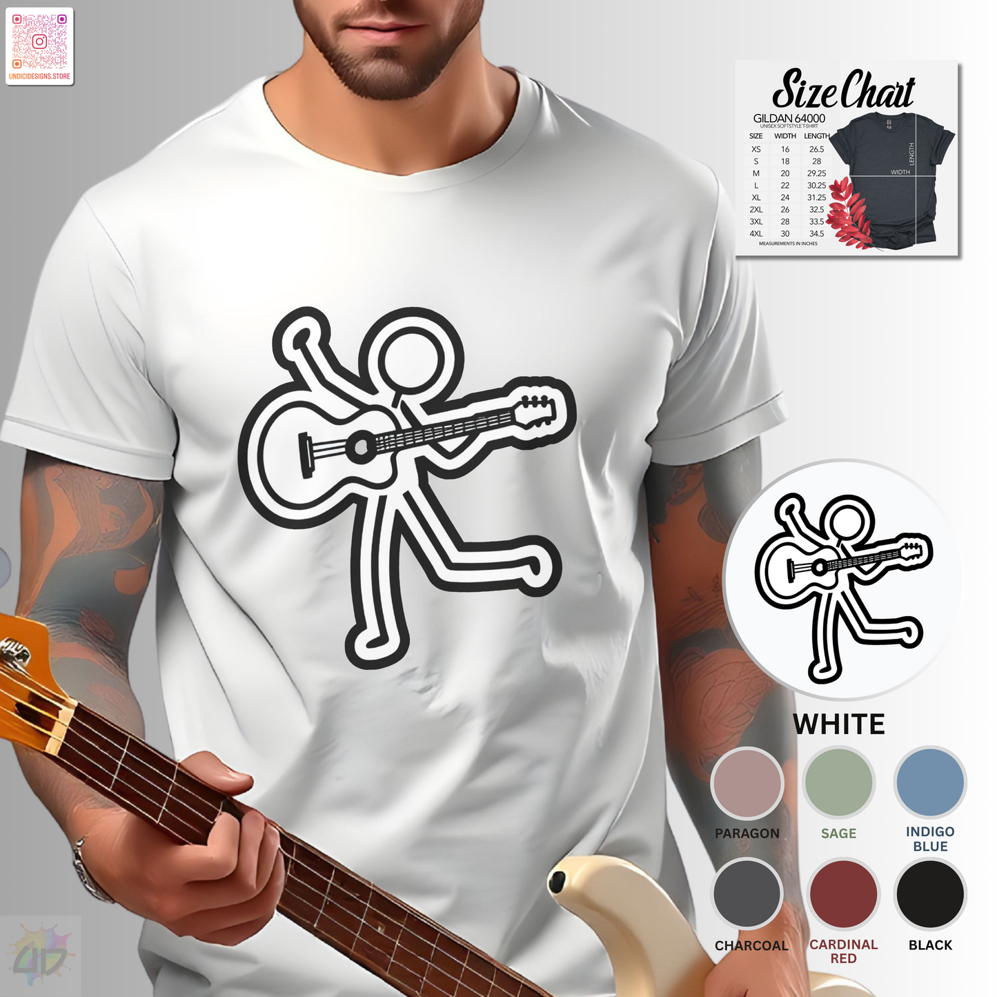 Joe Stick playing an acoustic guitar graphic tee.