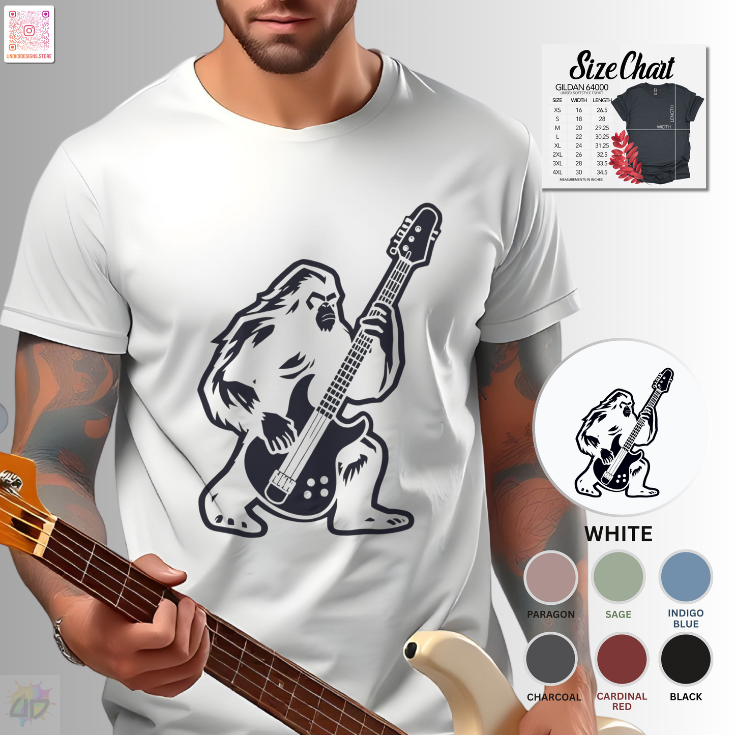 Bass-squatch silhouette in a cream-colored graphic tee.