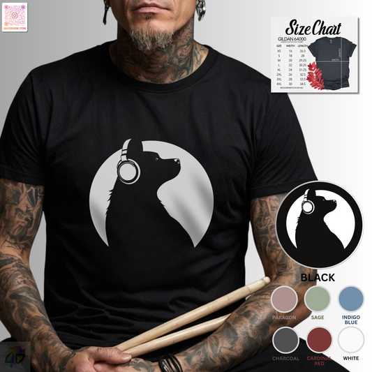 Silhouette of Puppy wearing headphones in a circular style graphic.