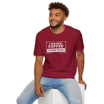 "I drink coffee and play drums" in a stamplike design