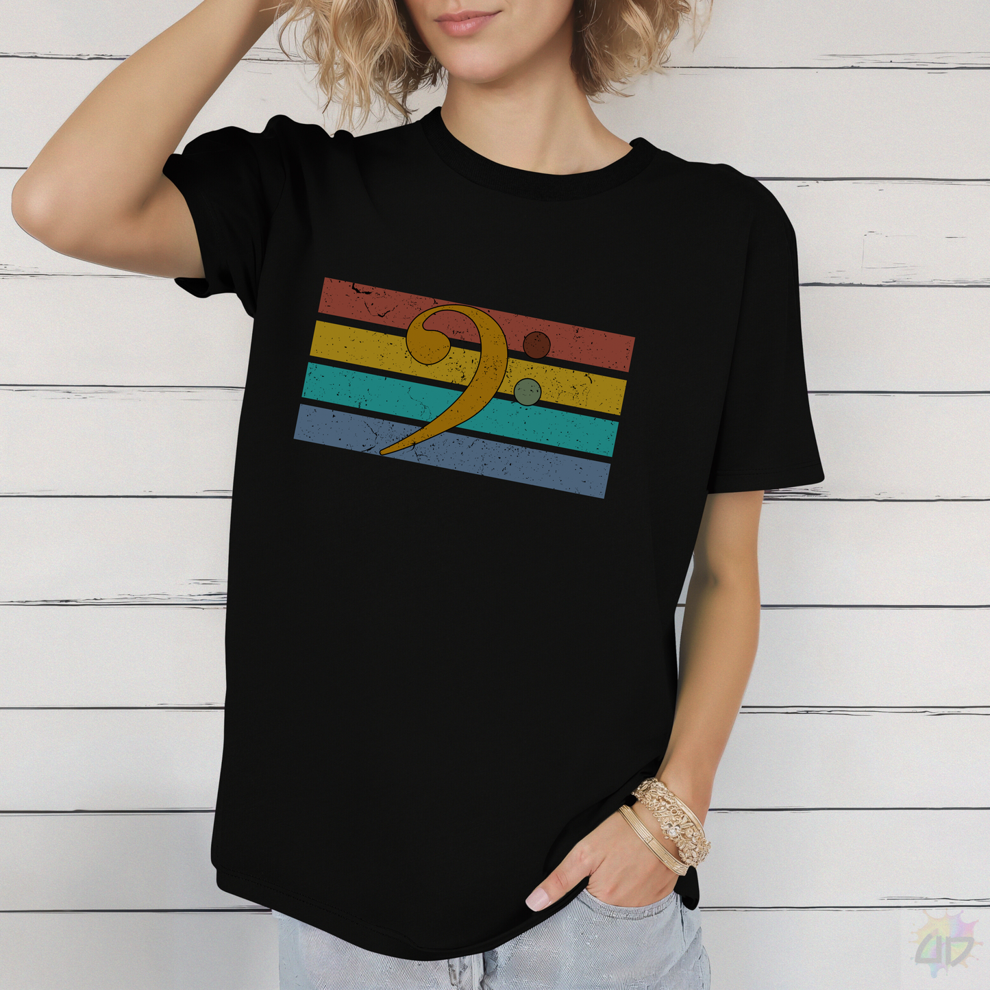 Multi-Colored Bass Clef on a Retro-Sunset Graphic Tee.