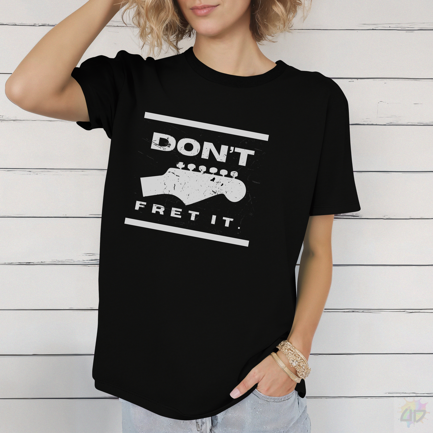 "Don't Fret It." Guitar text graphic Tee.