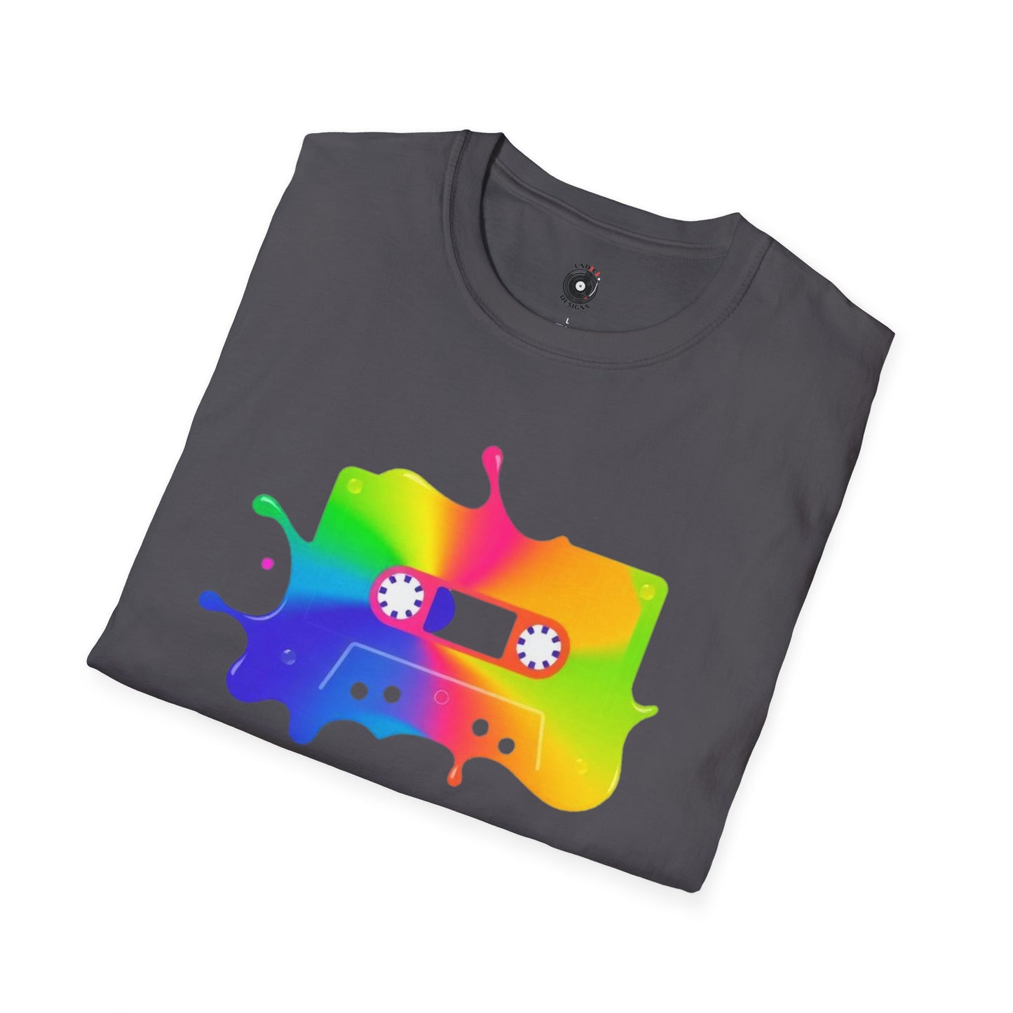 Colorful cassette tape in a splash of paint