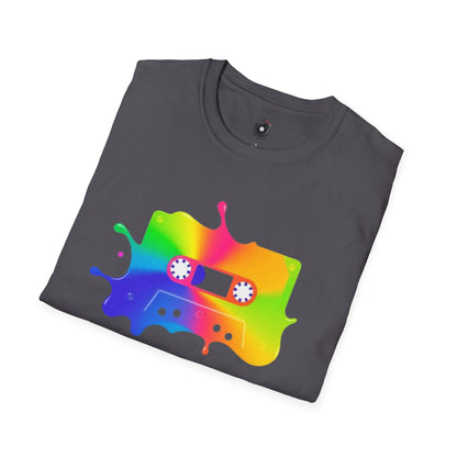 Colorful cassette tape in a splash of paint