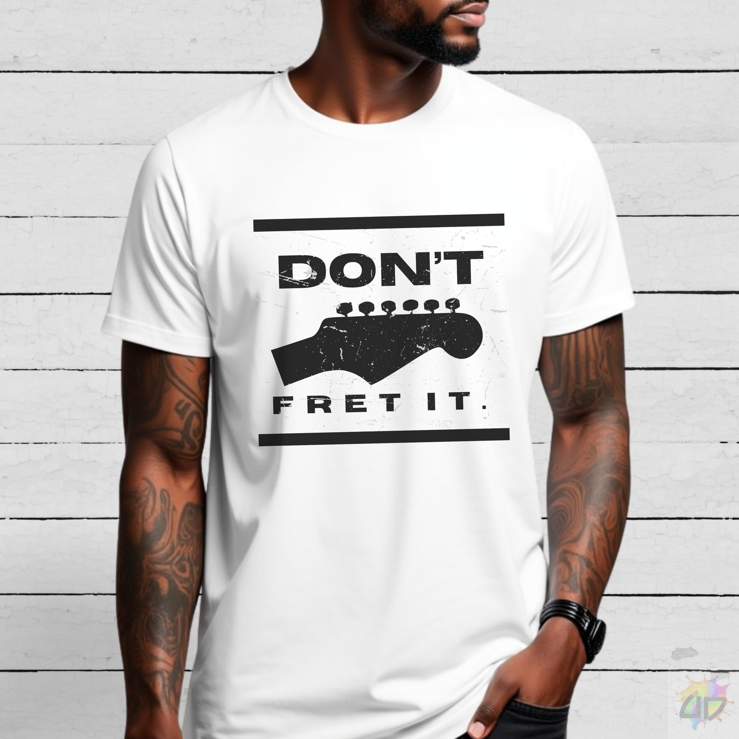 "Don't Fret It." Guitar text graphic Tee.