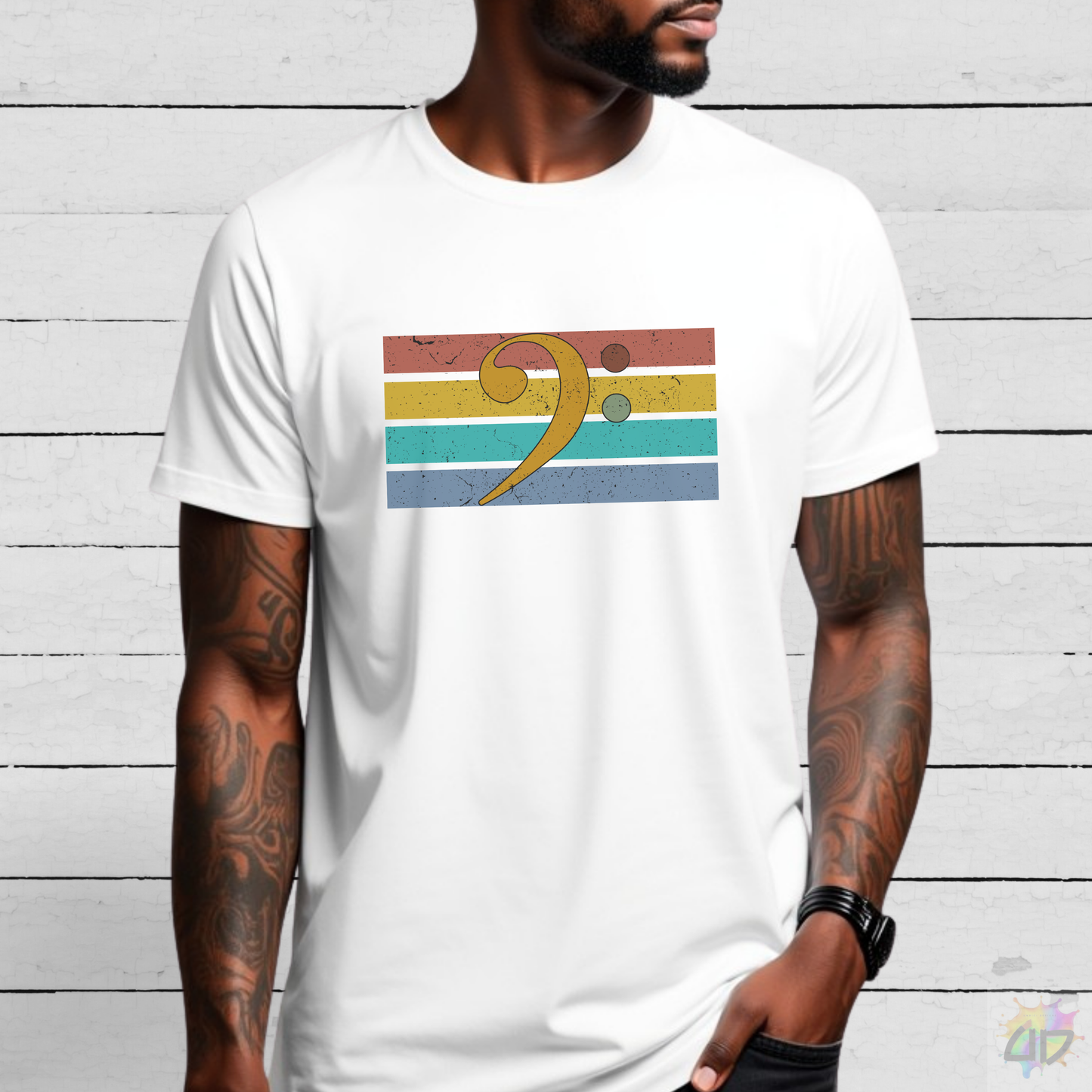 Multi-Colored Bass Clef on a Retro-Sunset Graphic Tee.