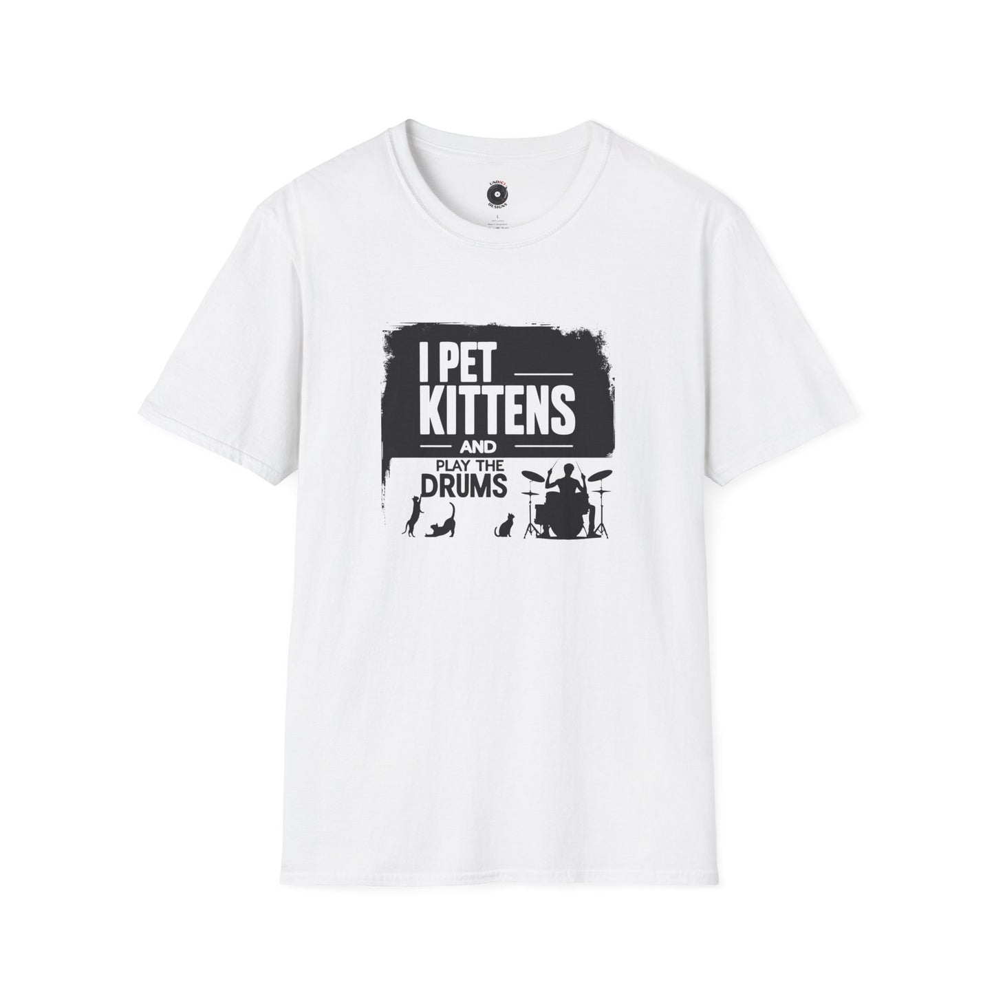 "I pet kittens and play the drums" in highlight graphic tee.