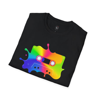 Colorful cassette tape in a splash of paint