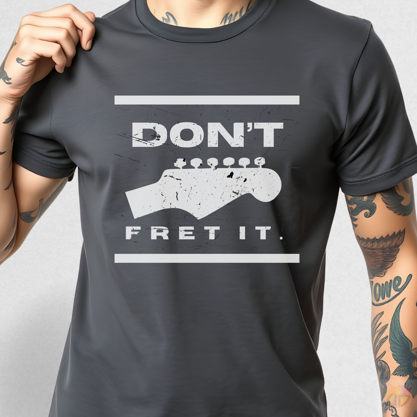"Don't Fret It." Guitar text graphic Tee.