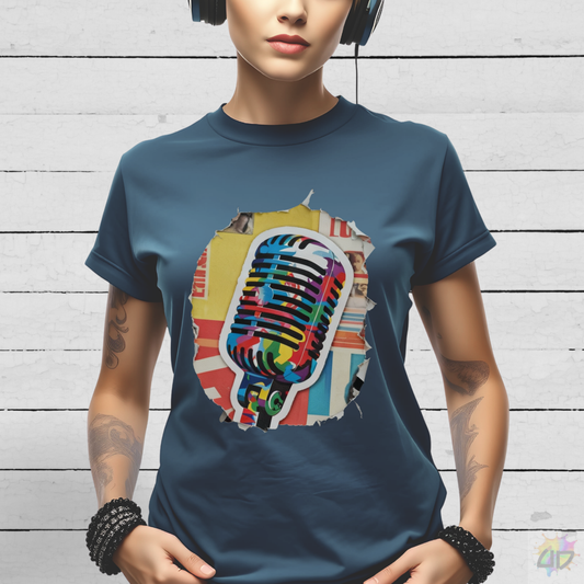 Colorful Vintage Microphone Magazine Cutout Graphic Tee.