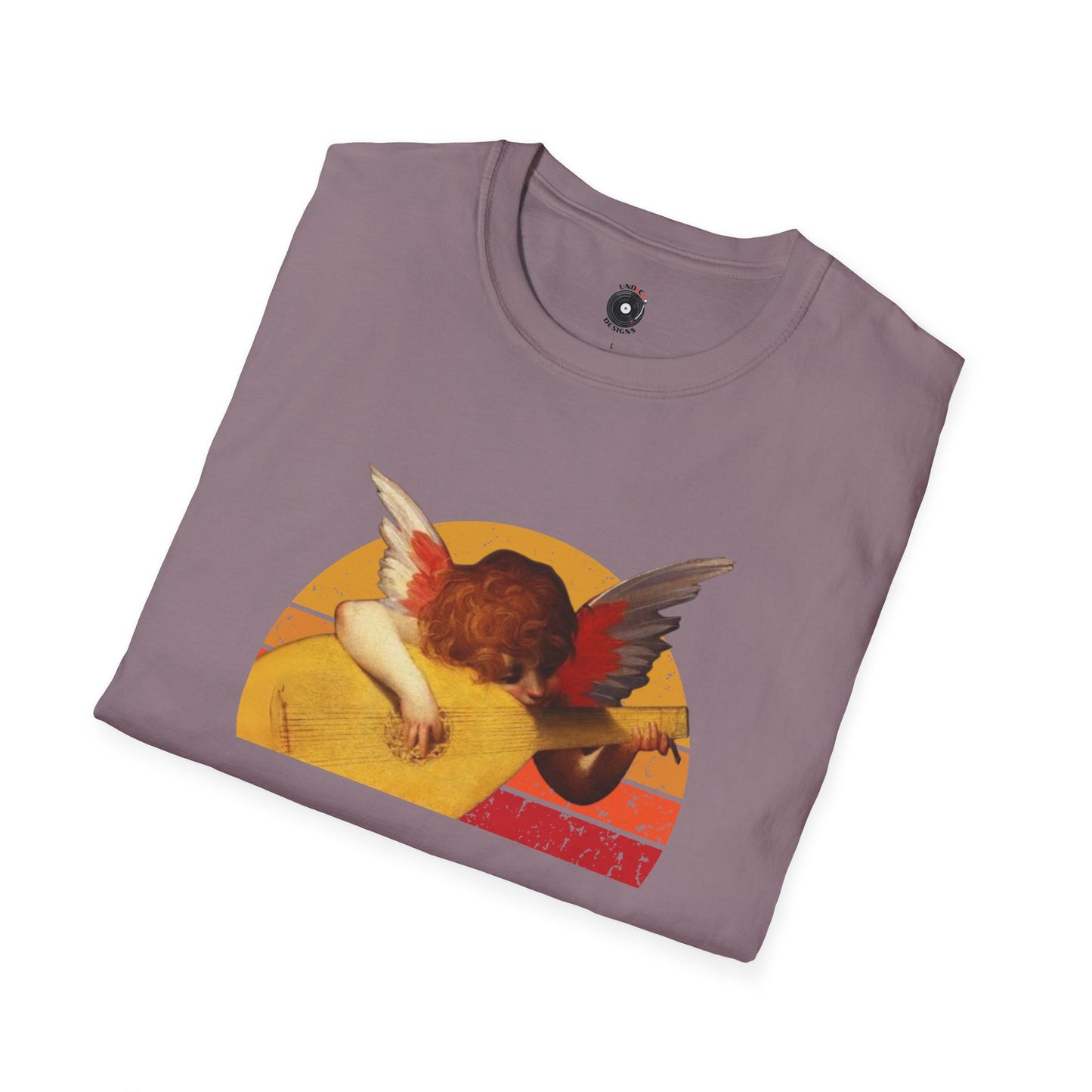 Cherub playing guitar in circular retro sunset.