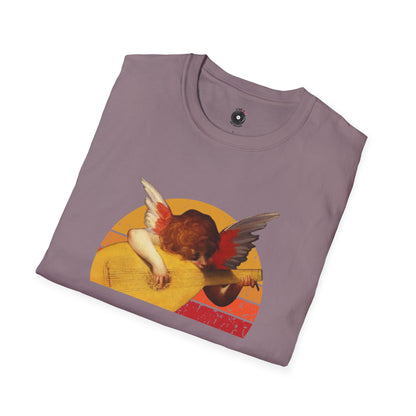 Cherub playing guitar in circular retro sunset.