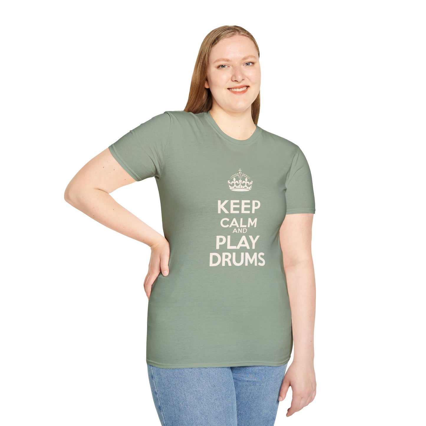 "Keep calm and play drums" text graphic tee.