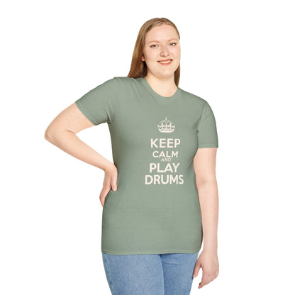 "Keep calm and play drums" text graphic tee.