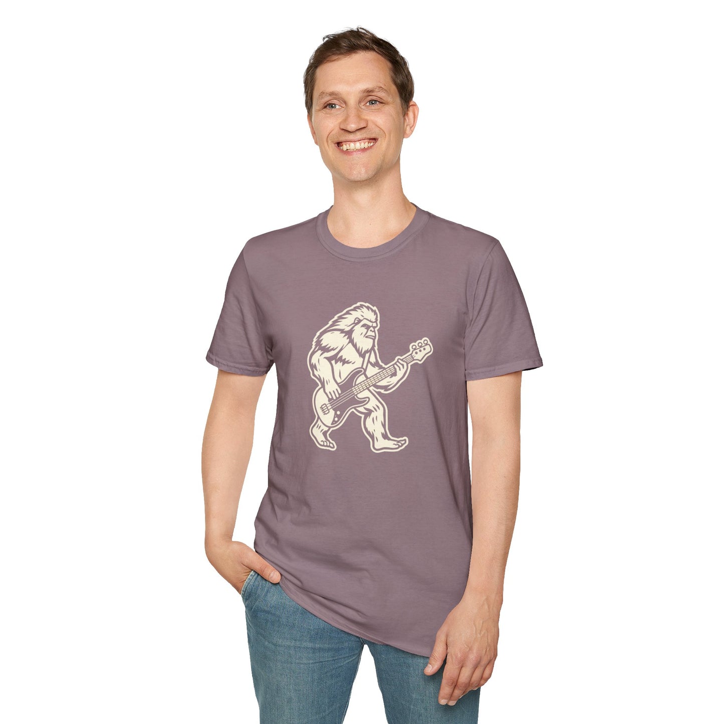Yeti silhouette with Bass guitar in a cream-colored graphic.