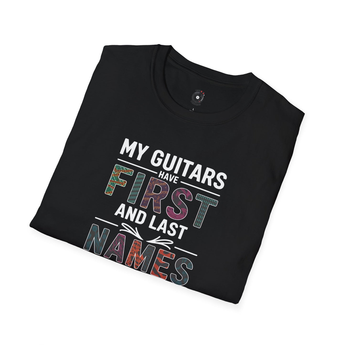 "My guitars have first and last names" colorful text graphic.