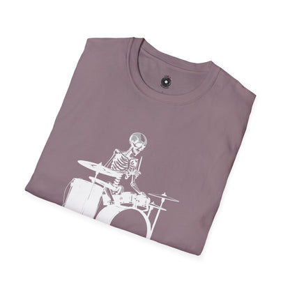 Skeleton silhouette playing drums in a circular background graphic.