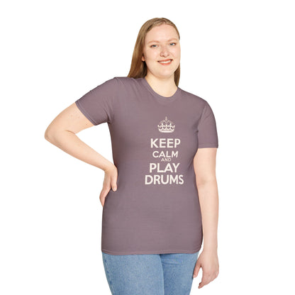 "Keep calm and play drums" text graphic tee.