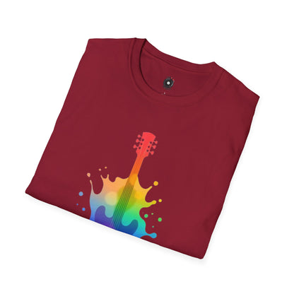 Colorful hollow body guitar in a vibrant splash graphic.