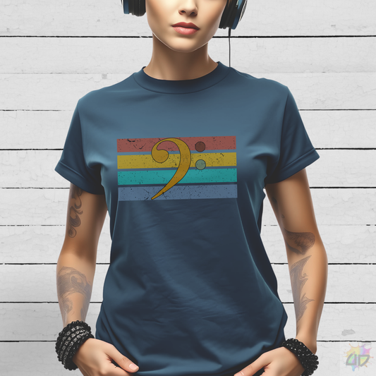 Multi-Colored Bass Clef on a Retro-Sunset Graphic Tee.
