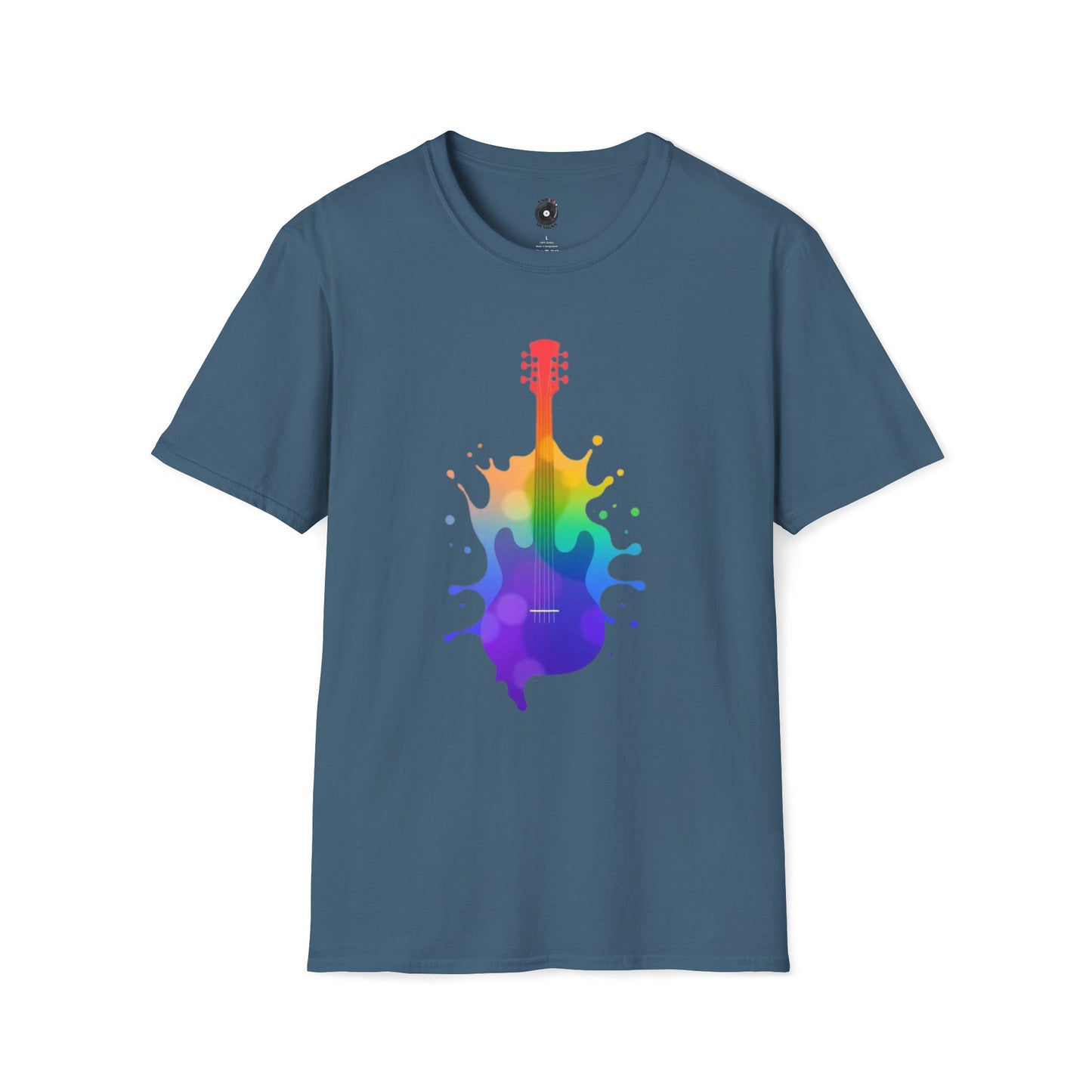 Colorful hollow body guitar in a vibrant splash graphic.