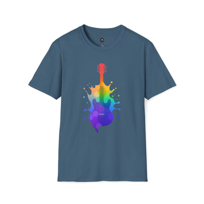 Colorful hollow body guitar in a vibrant splash graphic.