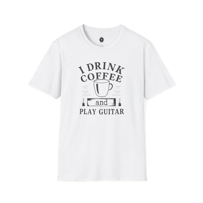 "I drink coffee and play guitar" graphic with coffee cup.