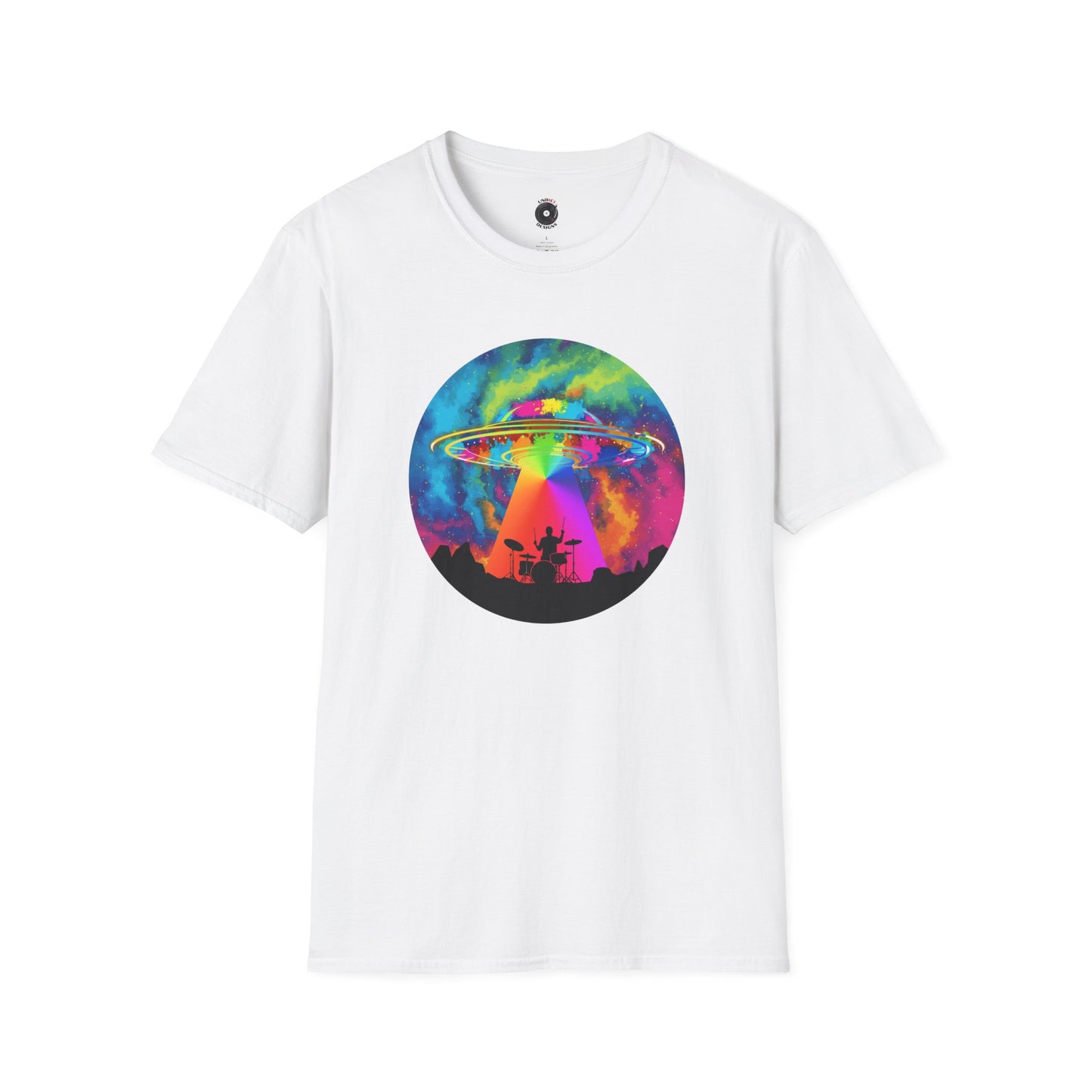 Drummer being abducted in a psychedelic beam graphic